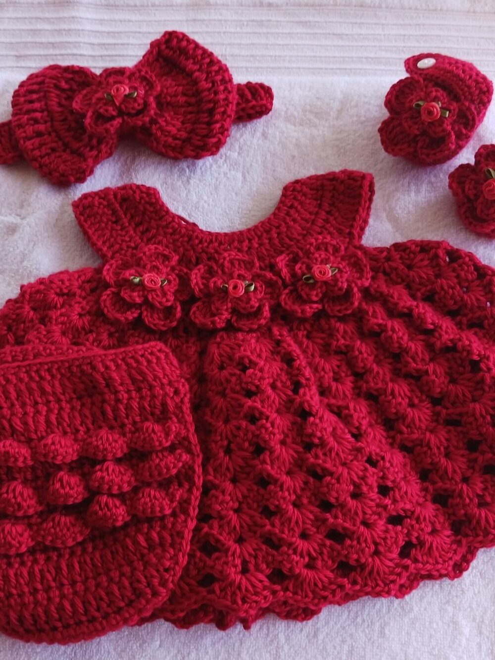 Crochet Baby Girl Red Rosebud Headband Heirloom Dress Set Photo Prop